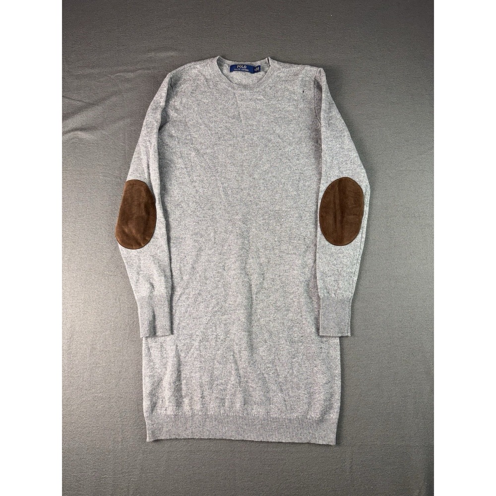 Polo Ralph Lauren Gray Knit Dress Italian Yarn Suede Elbow Patches Womenโs S